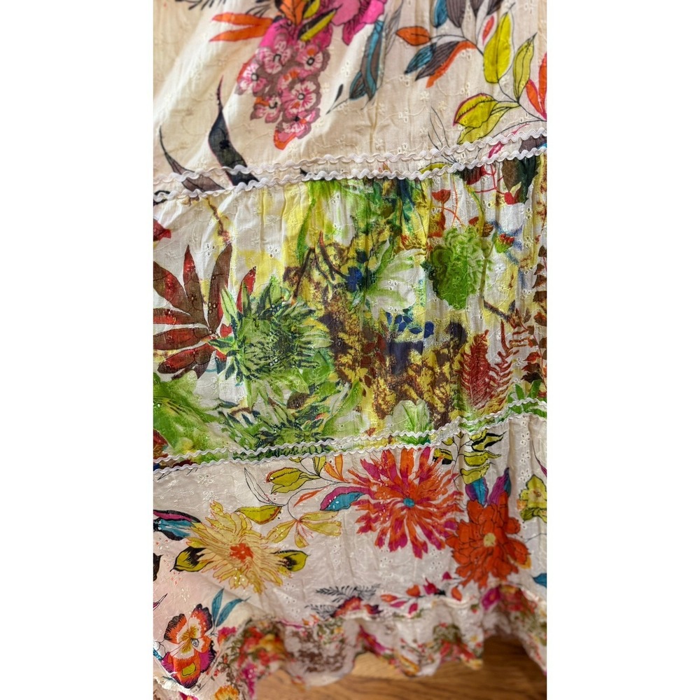 Palak Boho Tiered Maxi Dress Cotton Eyelet Mixed Floral Rick Rack India M - Picture 6 of 11